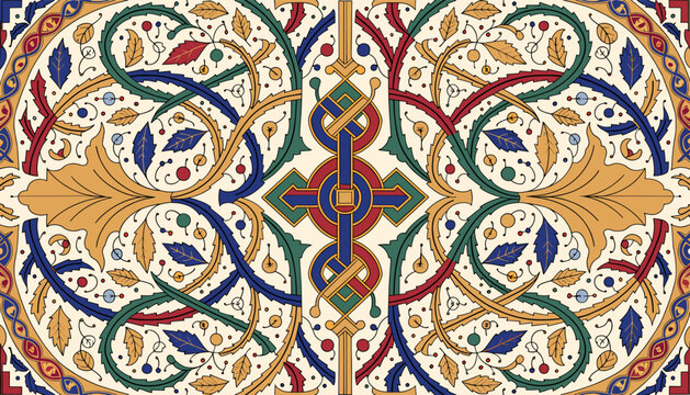 Intricate and colorful medieval illuminated manuscript border design with knotwork and floral motifs.