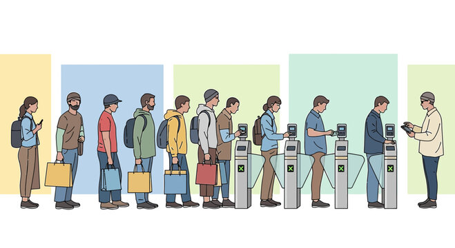 People in line for ticket gates, concept of modern transit, travel, and queuing