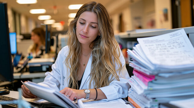 Graduate psychology intern reviews culturally adapted CBT resources at shared clinic desk, multilingual workbooks stacked beside printed research article, senior supervisor's handwritten feedback vi