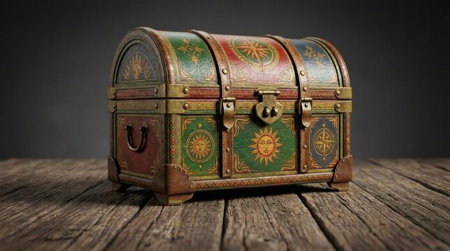 An intricately decorated antique treasure chest with celestial sun and compass motifs sitting on a rustic wooden surface.