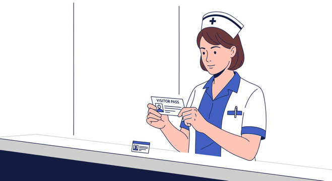 Nurse holding visitor pass at reception counter, healthcare access illustration