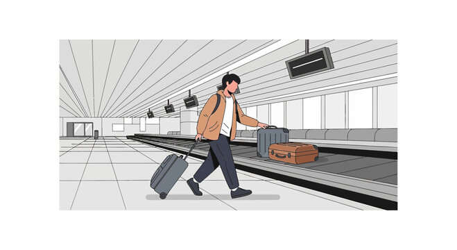 Man with Suitcases at Airport Baggage Claim Conveyor Belt