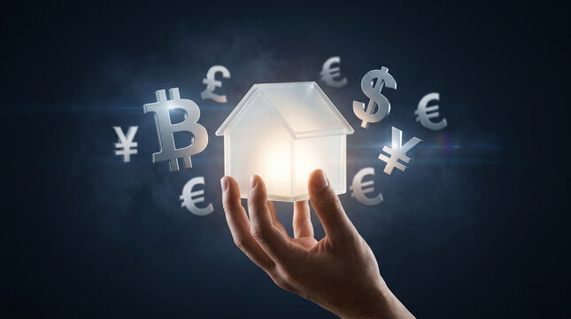 Human hand holding a glowing glass house model surrounded by silver global currency financial symbols