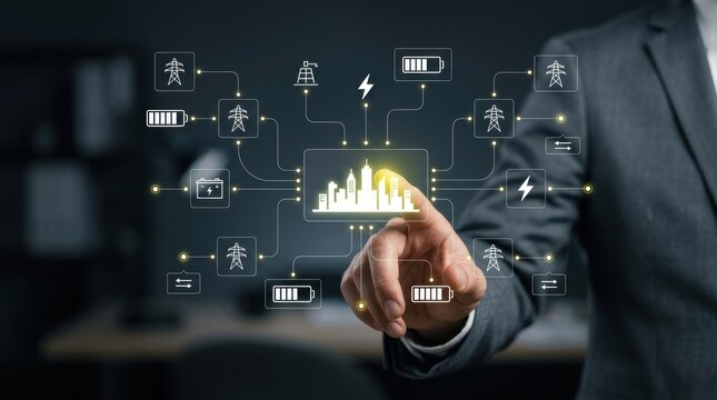 Businessman pointing at futuristic digital interface managing smart city power grid and renewable energy distribution networks, sustainable infrastructure, green modern technology business concept