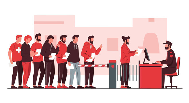 People queue at border control for document check with officer