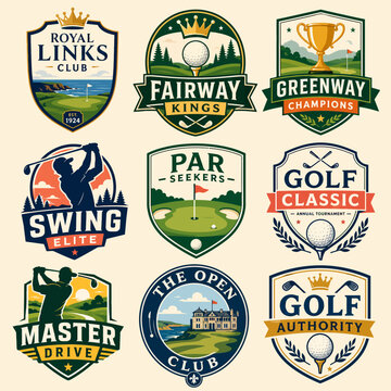 A collection of nine vintage-style golf club and tournament logos featuring various golf elements like players, courses, balls, clubs, and trophies.