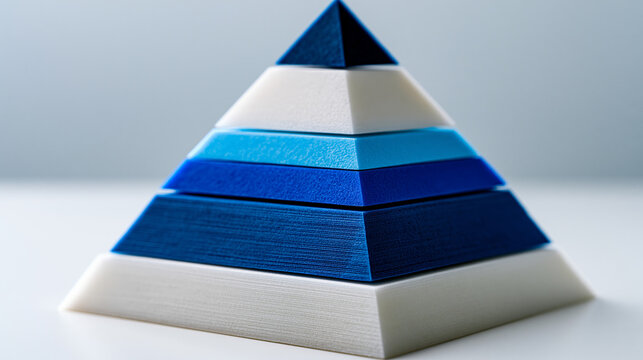 Pyramid hierarchy diagram printed on an easel pad in a startup studio where a small founding team stands in a candid unposed huddle, industrial brick interior with exposed beams, one founder gesturi