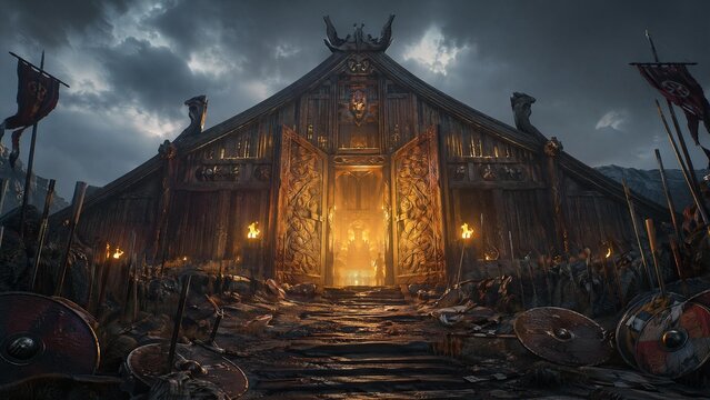 A grand Viking longhouse with open oak doors and golden light on shields outside.