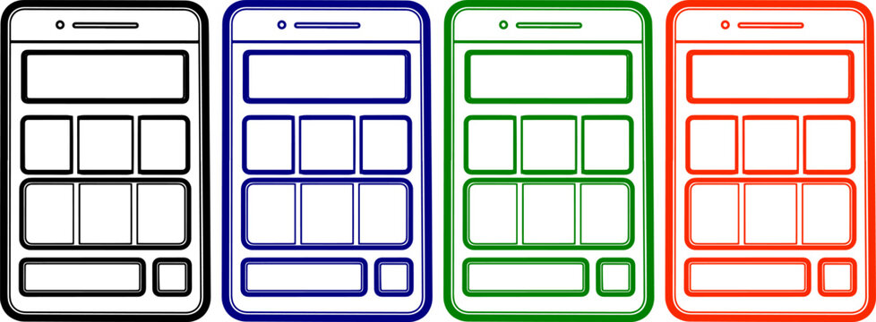 Mobile phone screen wireframe layouts in black blue green and red for app design