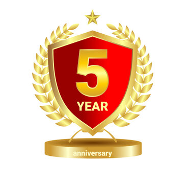 Title Golden 5 Year Anniversary Shield Badge with Laurel Wreath and Podium