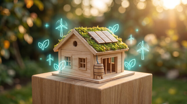 Small wooden house model featuring solar panels and glowing green energy icons in soft sunlight