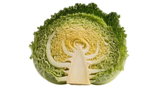 Savoy cabbage cut in half showing inner texture and core