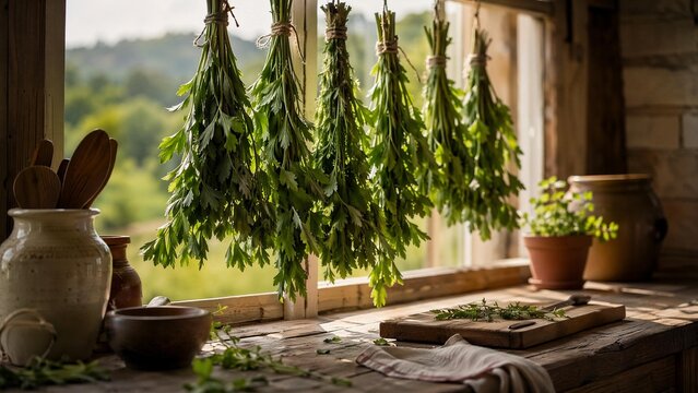 Rustic kitchen windowsill with bundles of drying lovage herbs on a wooden surface in soft afternoon light.
