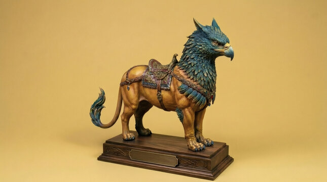 A side-profile shot of an ornate gryphon statue featuring deep blue feathers and a lion body, complete with a detailed saddle, mounted on a wooden display stand.