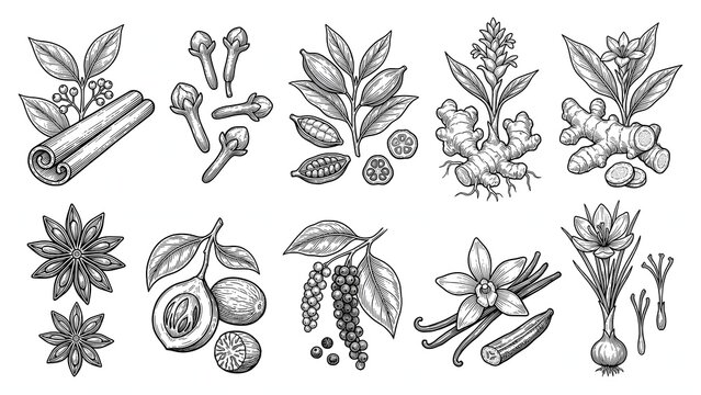 Detailed Hand Drawn Spice and Herb Culinary Plants Engraving Collection