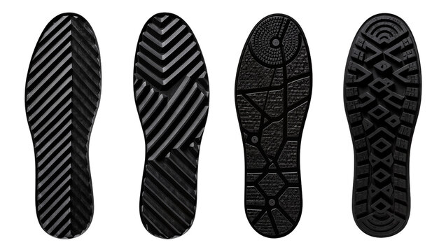 Four black shoe soles with different tread patterns