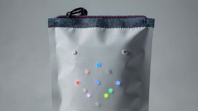 Closeup medium shot of pouch packaging with gassensitive printed sensors detecting spoilage gases visually signaling product tampering or degradation.