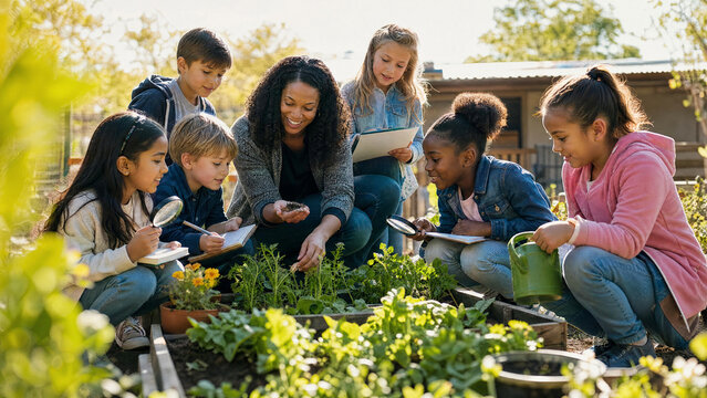 Diverse Children Learning Science Outdoors in a School Garden with Teacher, Plants, Notebooks, and Hands-On Environmental Education Activity