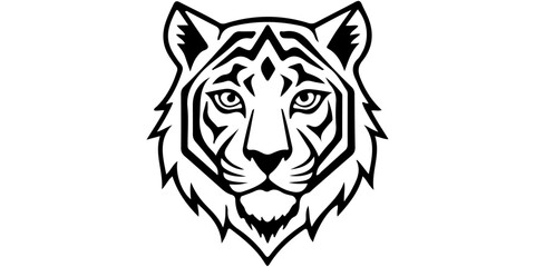 Stylized tiger face, black and white illustration, geometric patterns, tribal art style, symmetrical design, fierce feline portrait, bold lines, angular shapes, minimalist animal logo, striking contra © Uddin