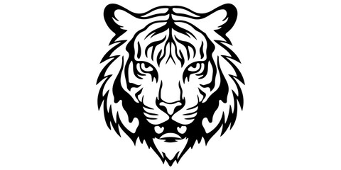 Stylized tiger face, black and white illustration, geometric patterns, tribal art style, symmetrical design, fierce feline portrait, bold lines, angular shapes, minimalist animal logo, striking contra © Uddin