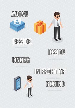Educational Illustration of Prepositions with Man and Objects.