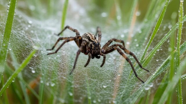 Close up of a wolf spider on a dew covered web amongst blades of grass