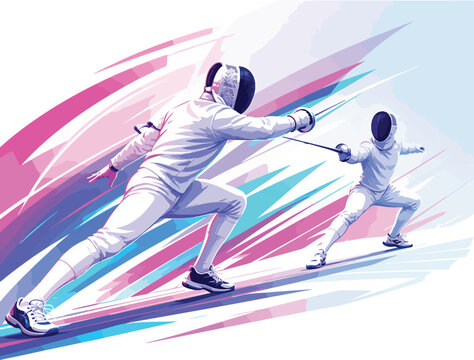 Two fencers in white uniforms engaged in a duel Keywords: fencing, sport, duel, competition