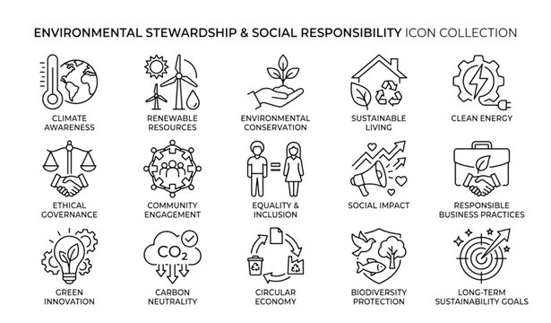 Environmental and Social Responsibility Outline Icons Featuring Sustainability and Ethical Business Concepts