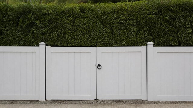 White garden gate in front of a tall, dense privet hedge.