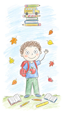 Childlike colored pencil drawing of American back to school first day, hand drawn September classroom education illustration