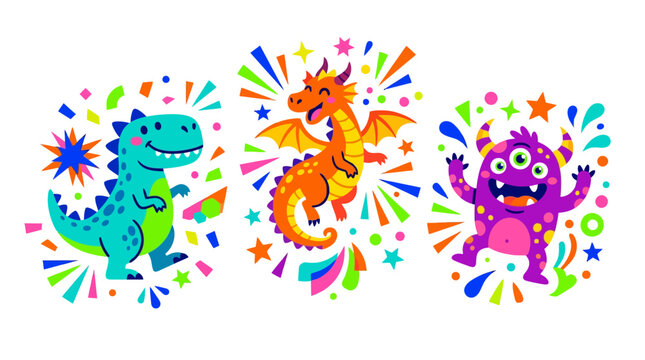 Cute colorful dinosaur dragon and monster cartoon character set.