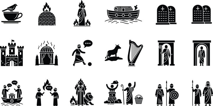 Bible Stories and Christian History Glyph Icon Set with Noah Ark Ten Commandments Burning Bush and Religious Narrative Symbols