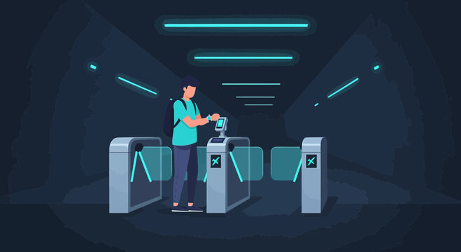 Man with backpack using ticket gate in futuristic subway station