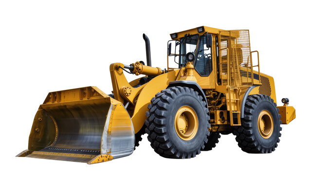 Yellow heavy-duty wheel loader with large bucket and thick tires