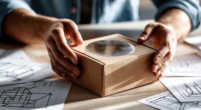Designer working with a prototype cardboard product packaging box