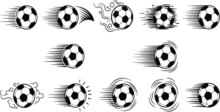 Soccer Ball Speed Motion Vector Set with Flying Footballs Featuring Fast Speed Lines and Fire Trails for Sports Graphics and Tournament Logos