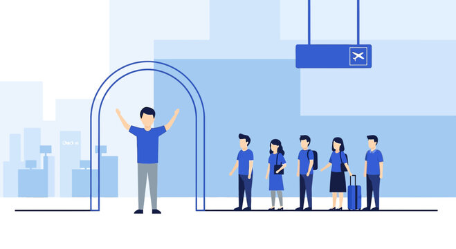 Man welcomes people at airport entrance, queuing for travel, modern flat illustration