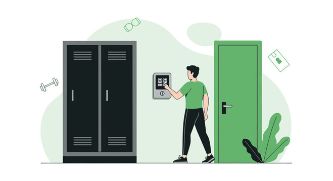 Man using keypad entry system at gym locker room door; access control concept