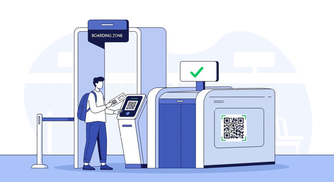 Man with backpack at airport self-service check-in kiosk with QR code scanner