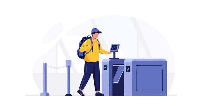 Man with backpack scanning ticket at electronic turnstile gate for entry
