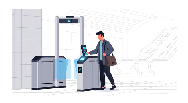 Man using ticket validation machine at modern metro station, automatic gate