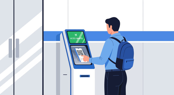 Man using self-service kiosk with QR code at airport or station