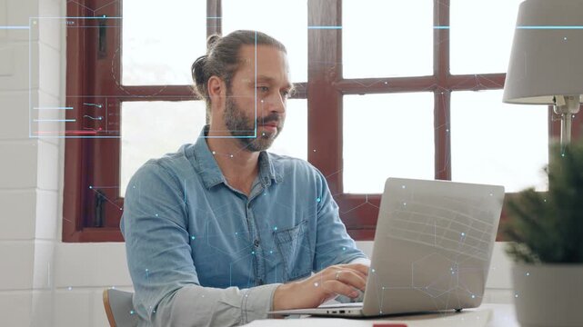 Caucasian man working on a laptop with a digital holographic HUD interface overlay, illustrating software engineering, cyber security, data analysis, and advanced artificial intelligence technology.