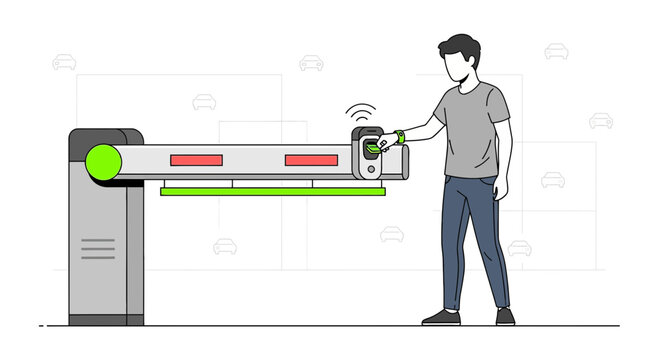Man using access card at automatic car barrier gate for entry