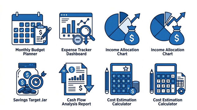 Financial Planning and Analysis Icons Set.