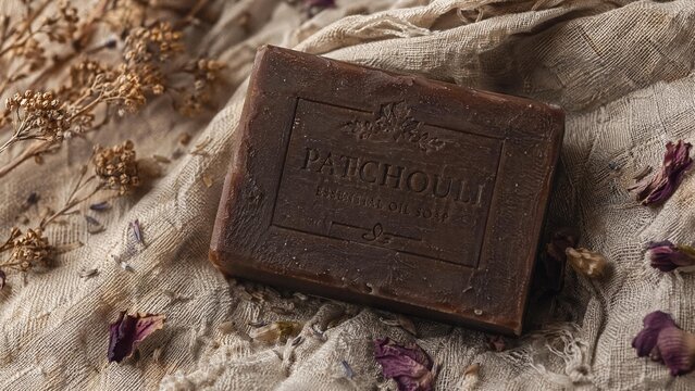 Dark brown patchouli soap bar on rough linen with dried flowers, rustic texture.