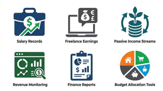 Financial Management Icons Representing Business Concepts.
