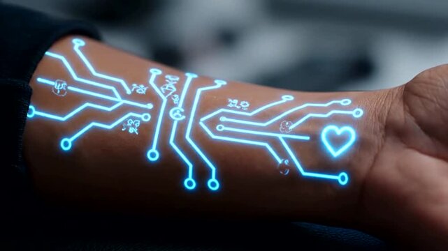 Futuristic Glowing Circuit Board Design on Human Arm Representing Advanced Technology and Health Monitoring.