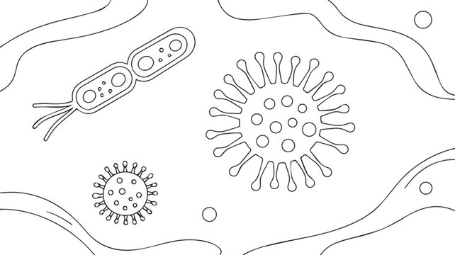 Microorganisms including bacteria and viruses in a scientific illustration