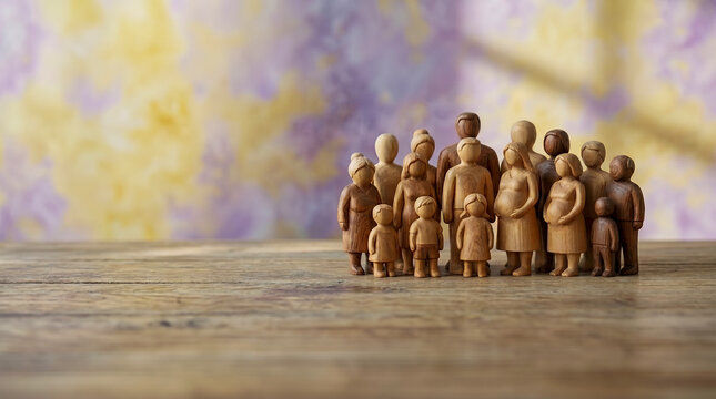 Diverse group of wooden figurines symbolizing World Population Day, representing global demographics, family unity, pregnant mothers, and human development on a rustic surface.